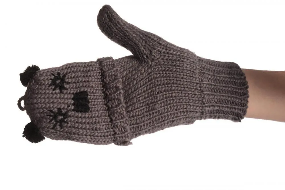 Bear Face Grey Knitted Fingerless Flip Gloves