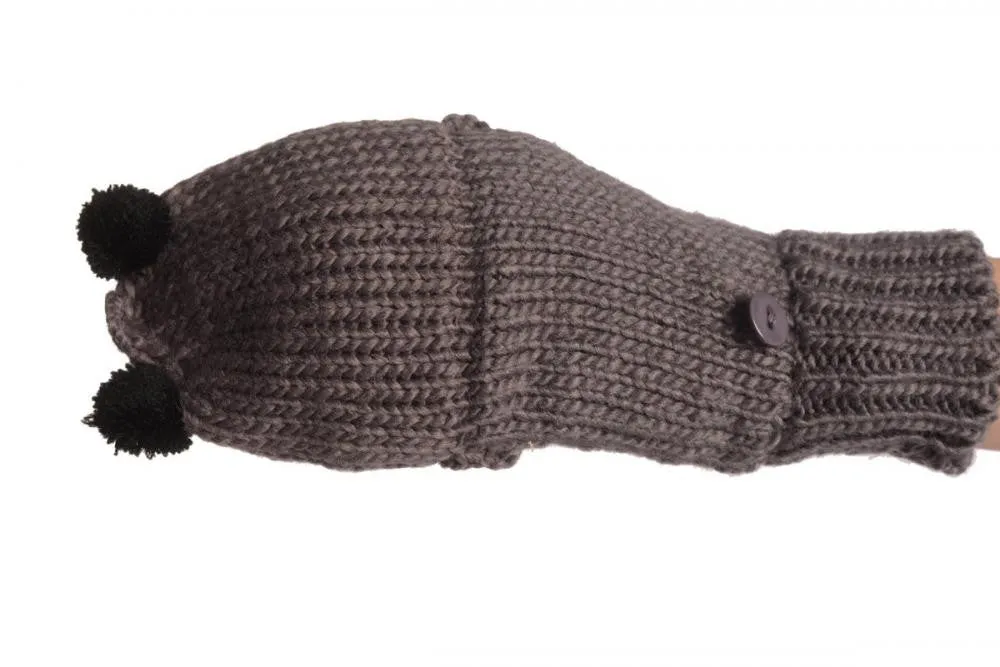 Bear Face Grey Knitted Fingerless Flip Gloves