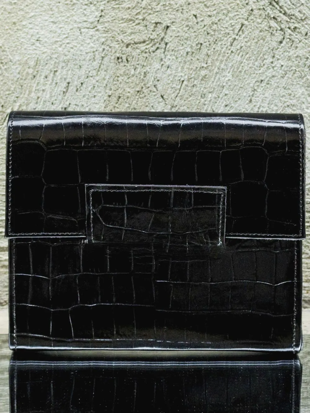 Black Crocodile Print Leather Clutch