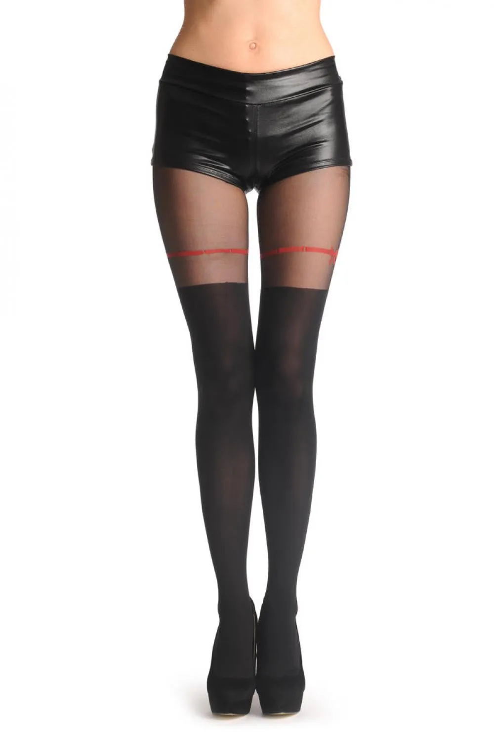 Black Faux Stockings With Red Ribbon & Bow 60 Den