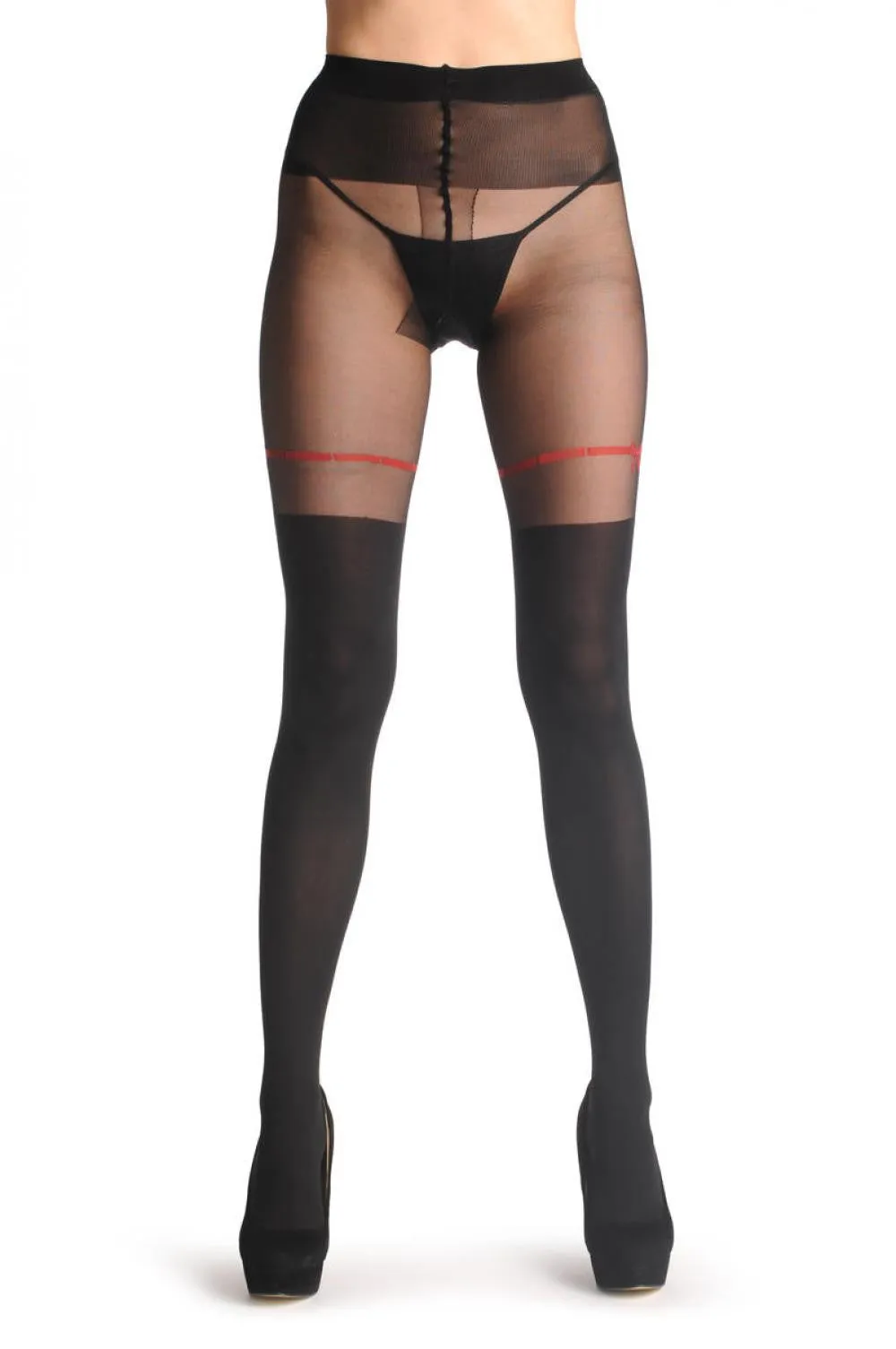 Black Faux Stockings With Red Ribbon & Bow 60 Den