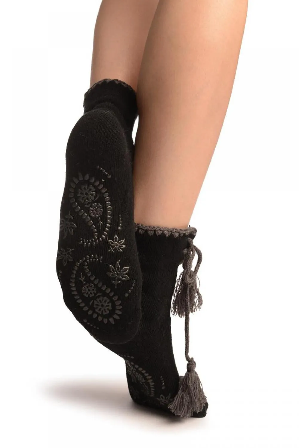 Black Lace Up With Silicon Grip Angora Ankle High Socks