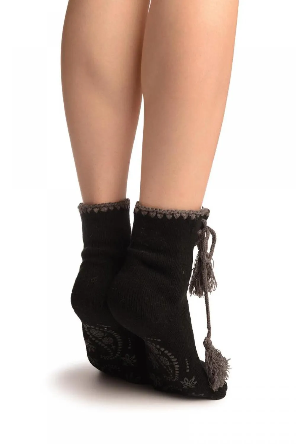 Black Lace Up With Silicon Grip Angora Ankle High Socks