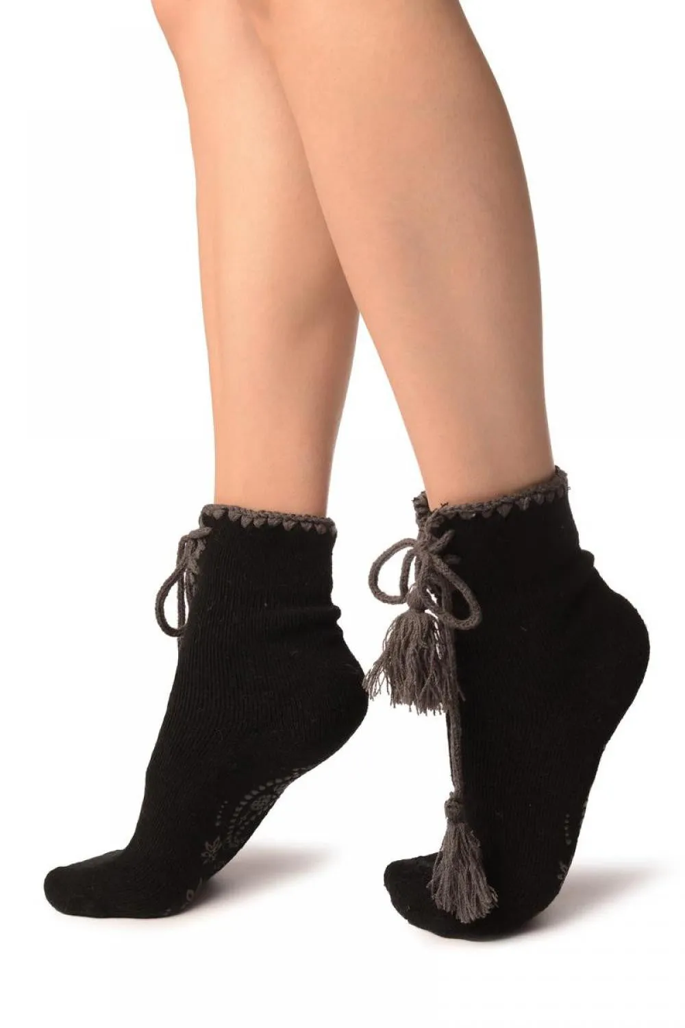 Black Lace Up With Silicon Grip Angora Ankle High Socks