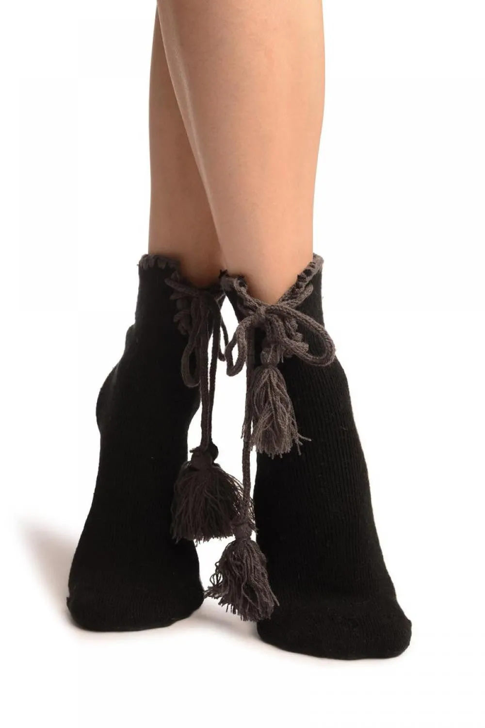 Black Lace Up With Silicon Grip Angora Ankle High Socks