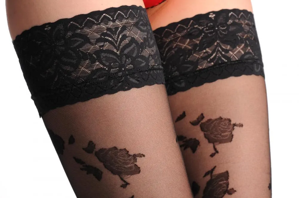 Black Roses At The Top & Matching Lace Silicon Garter 20 Den