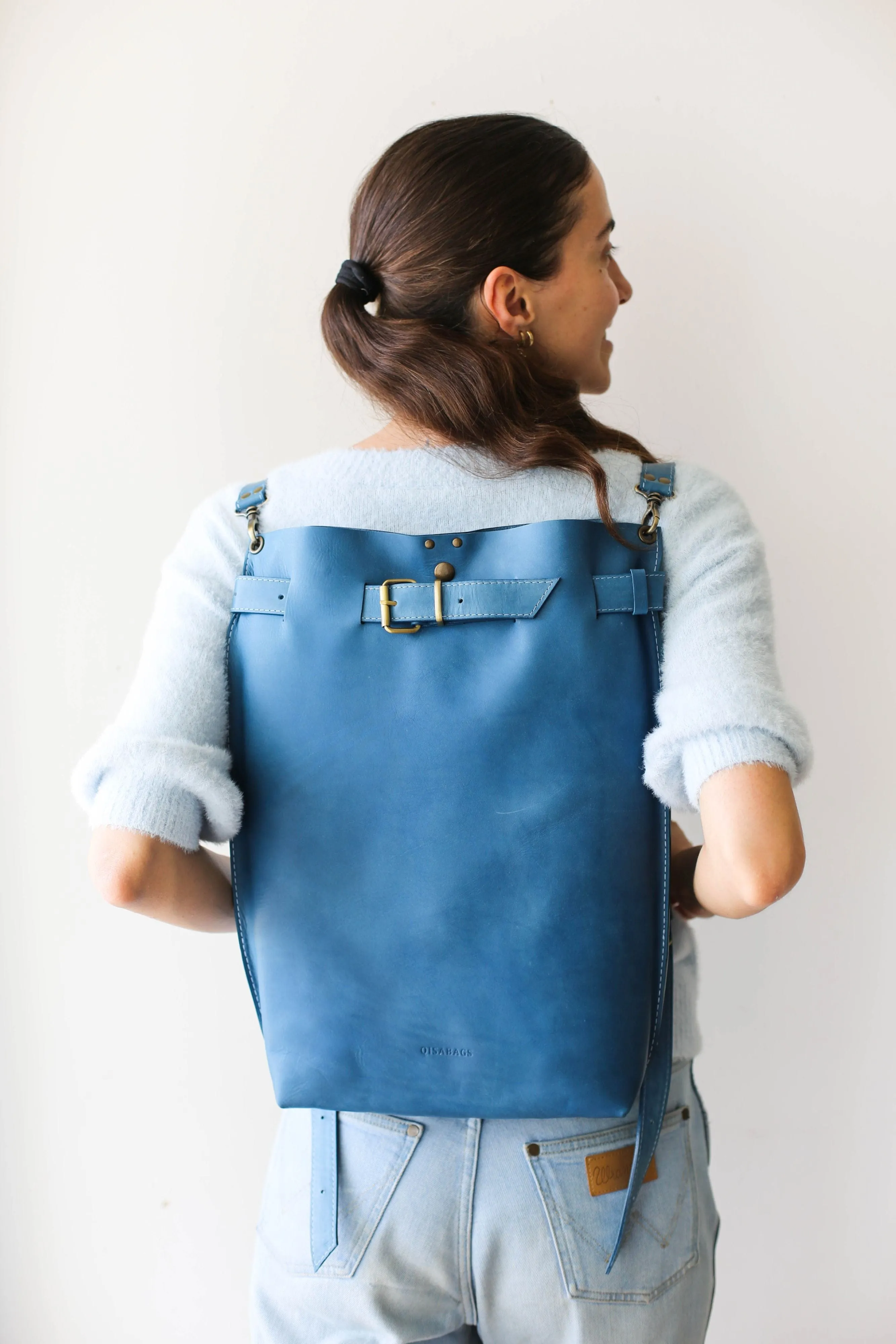 Blue Large Leather Backpack