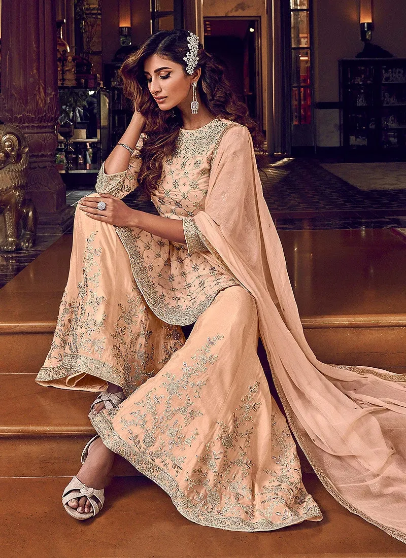 Captivating Peach Embroidered Party Wear Sharara Suit