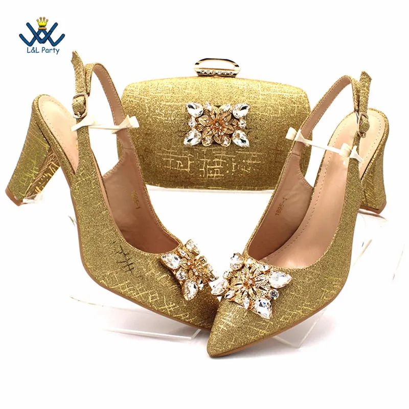 Champagne Color High Quality Women Pointed Toe Shoes Matching Bag Set for Nigerian Ladies Wedding Party