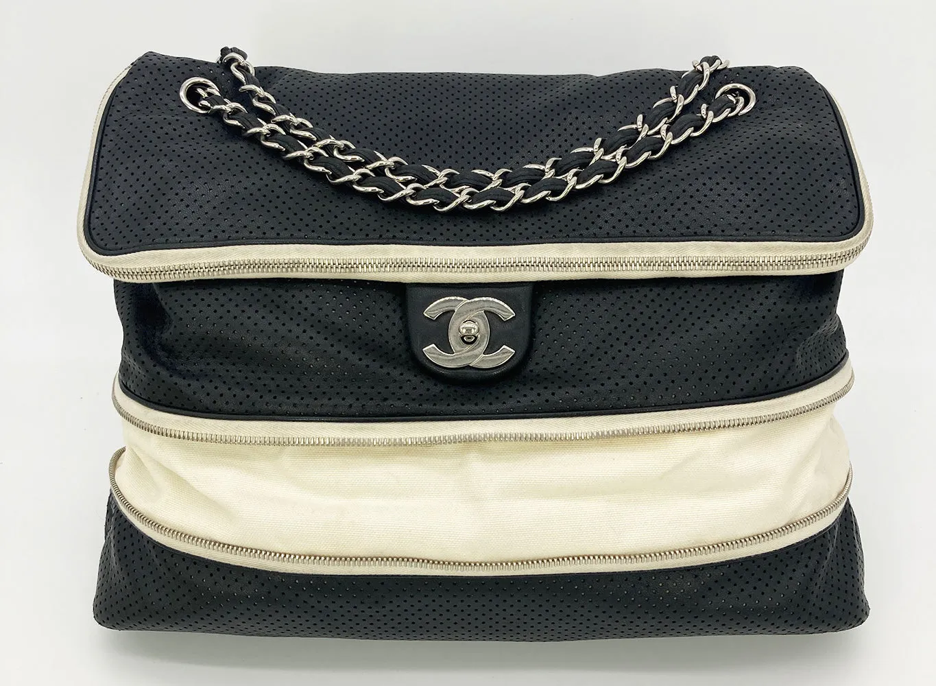 Chanel Black Perforated Leather Expandable Classic Flap Shoulder Bag