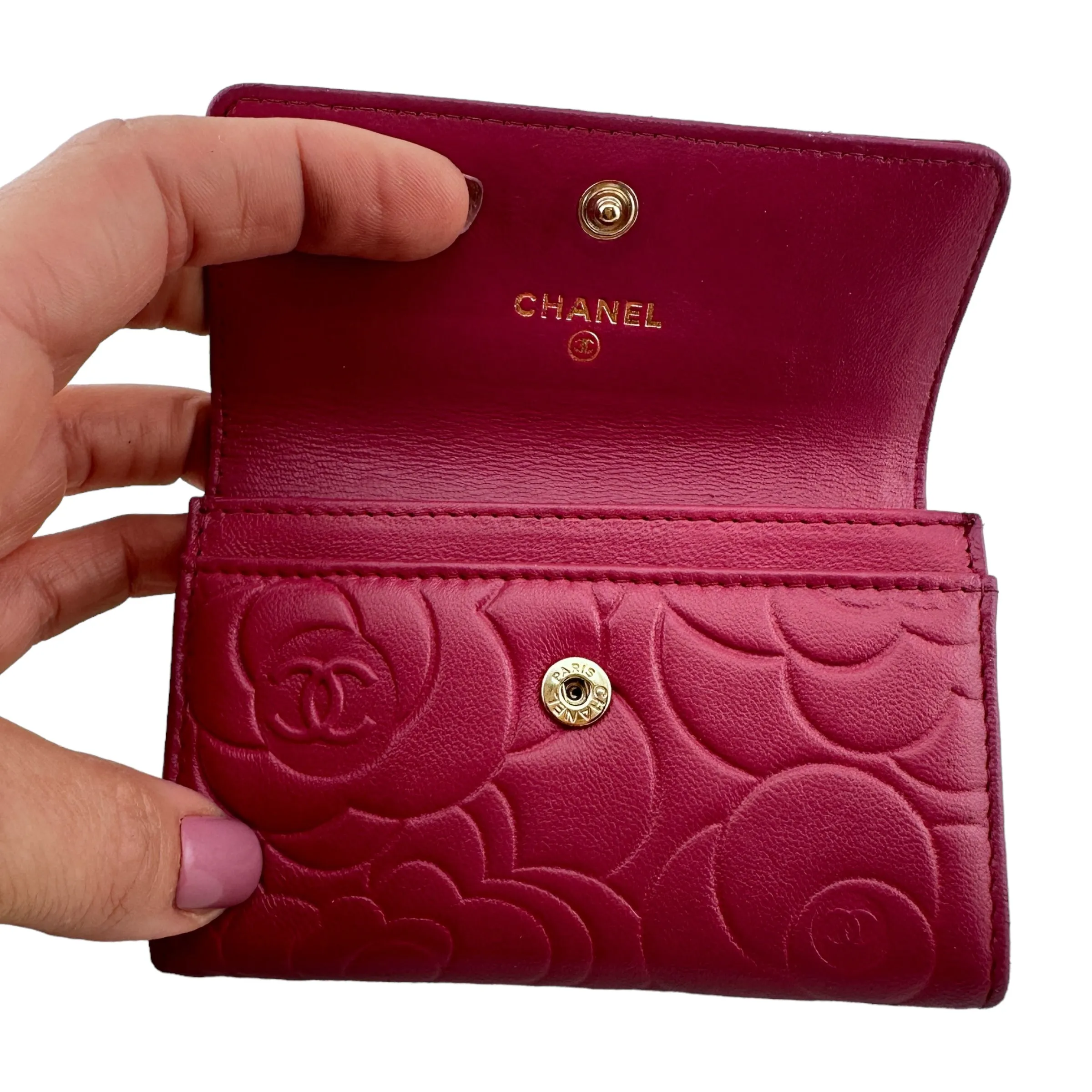 CHANEL Lambskin Camellia Card Holder