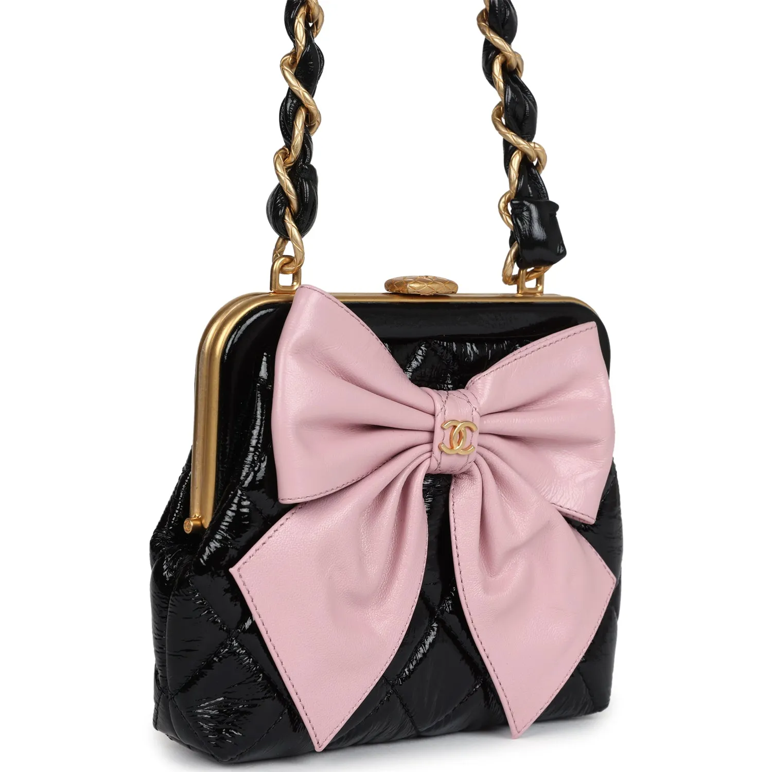 Chanel Mini Clutch with Bow Crossbody Bag Black Shiny Lambskin and Pink Patent Crumpled Lambskin Antique Gold Hardware