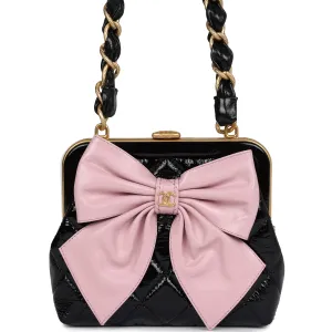 Chanel Mini Clutch with Bow Crossbody Bag Black Shiny Lambskin and Pink Patent Crumpled Lambskin Antique Gold Hardware