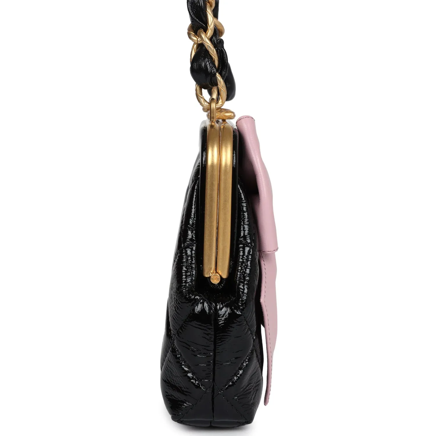 Chanel Mini Clutch with Bow Crossbody Bag Black Shiny Lambskin and Pink Patent Crumpled Lambskin Antique Gold Hardware