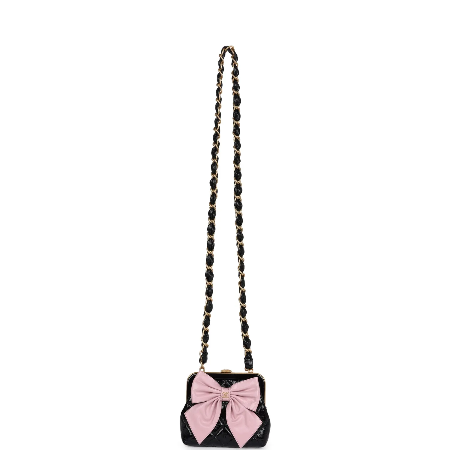 Chanel Mini Clutch with Bow Crossbody Bag Black Shiny Lambskin and Pink Patent Crumpled Lambskin Antique Gold Hardware