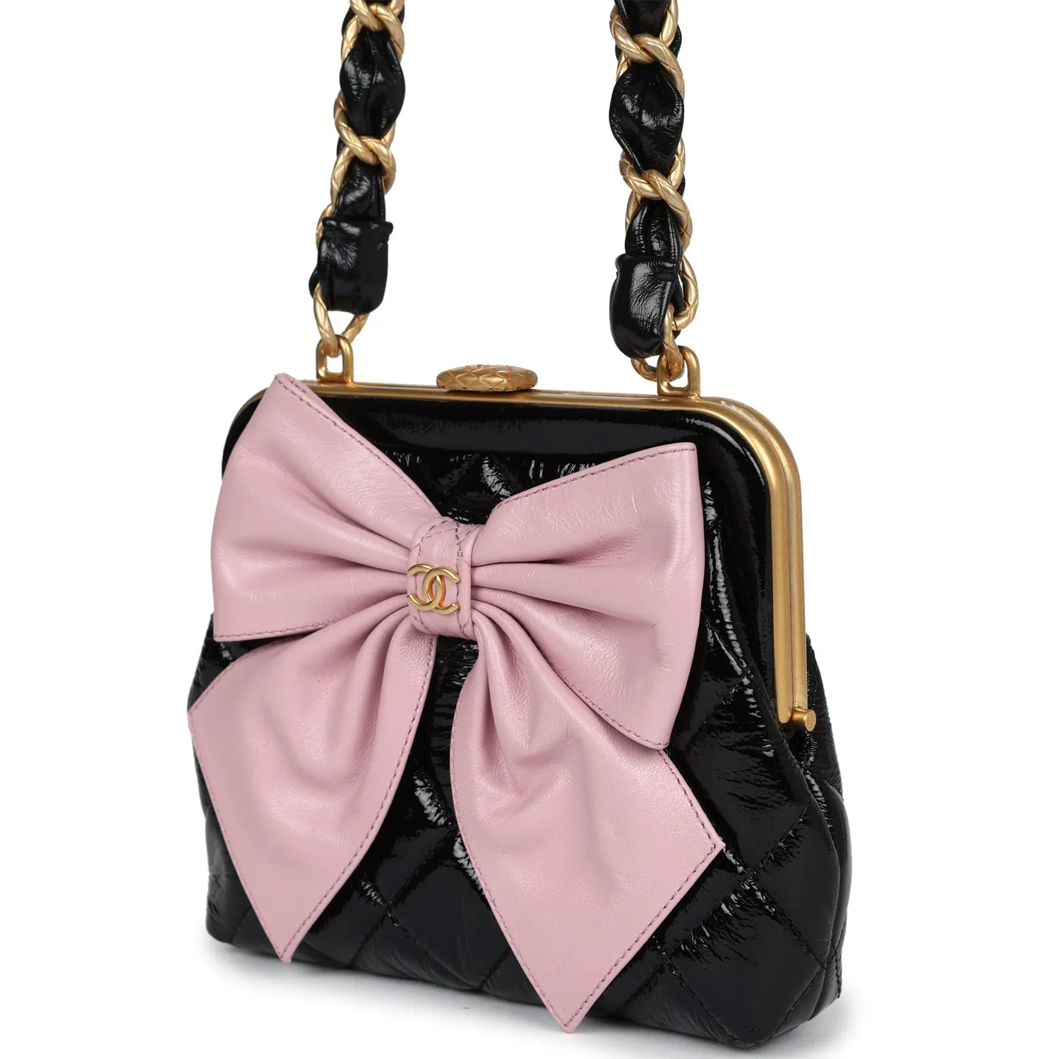 Chanel Mini Clutch with Bow Crossbody Bag Black Shiny Lambskin and Pink Patent Crumpled Lambskin Antique Gold Hardware