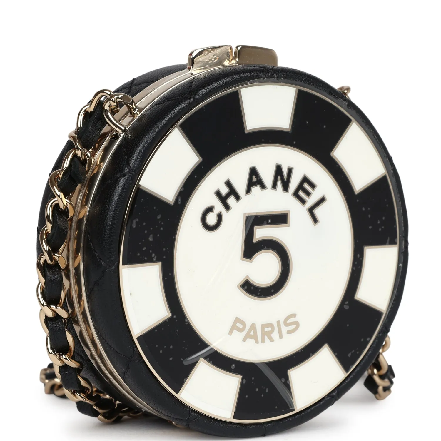 Chanel Poker Chip Minaudiere Clutch with Chain Black and White Enamel and Lambskin Gold Hardware