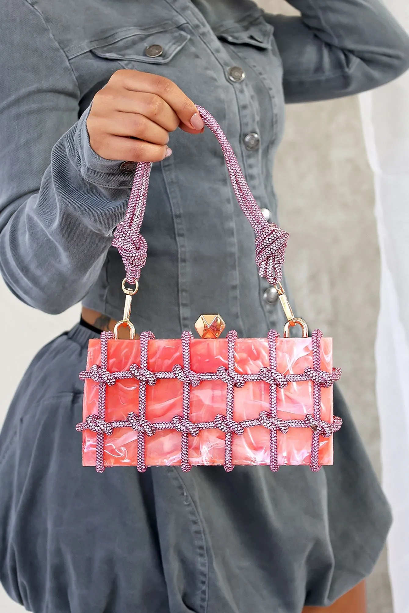 Clarisse Marble Rhinestone Caged Bag