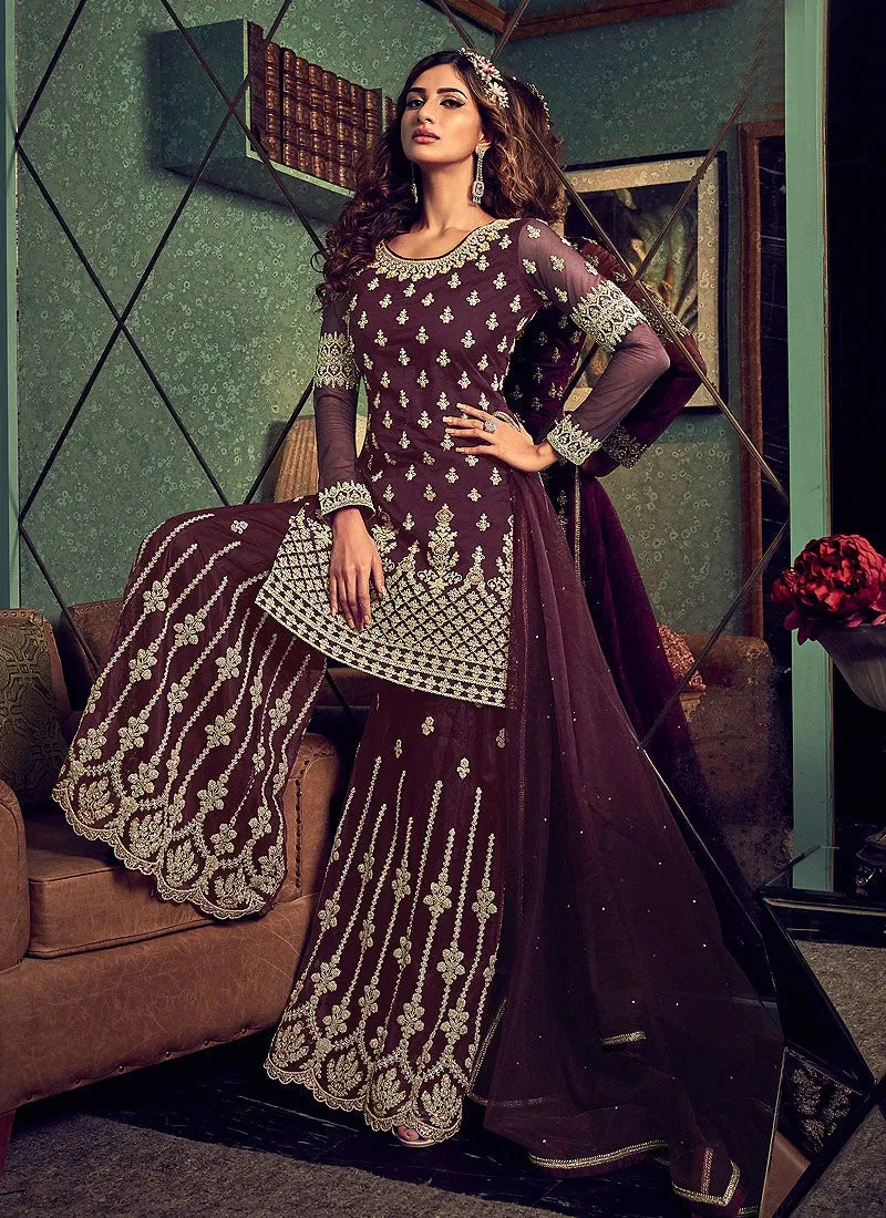 Classy Wine Embroidered Party Wear Sharara Suit