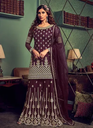 Classy Wine Embroidered Party Wear Sharara Suit