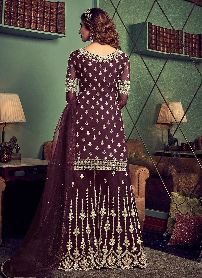 Classy Wine Embroidered Party Wear Sharara Suit