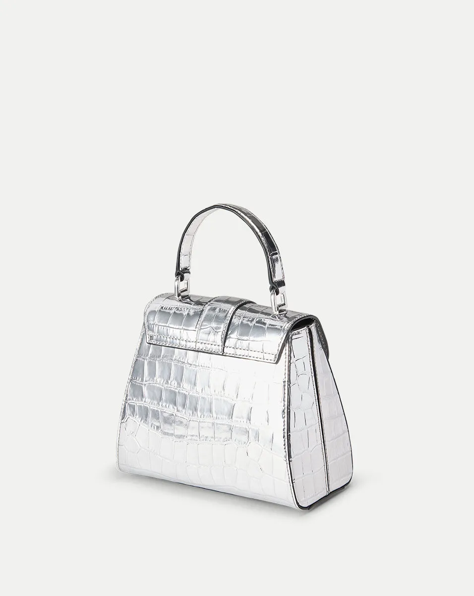 Croc-Embossed Crest Lock Top Handle Bag