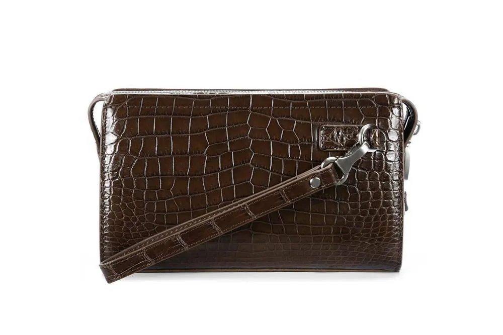 Crocodile Center Belly Leather Business Code Lock Clutch  With Wrist Strap