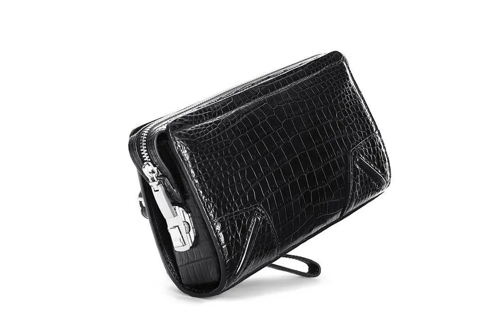 Crocodile Center Belly Leather Business Code Lock Clutch  With Wrist Strap