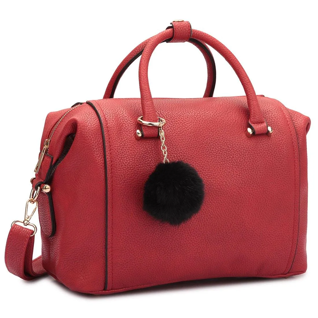 Dasein Faux Leather Satchel with PomPom