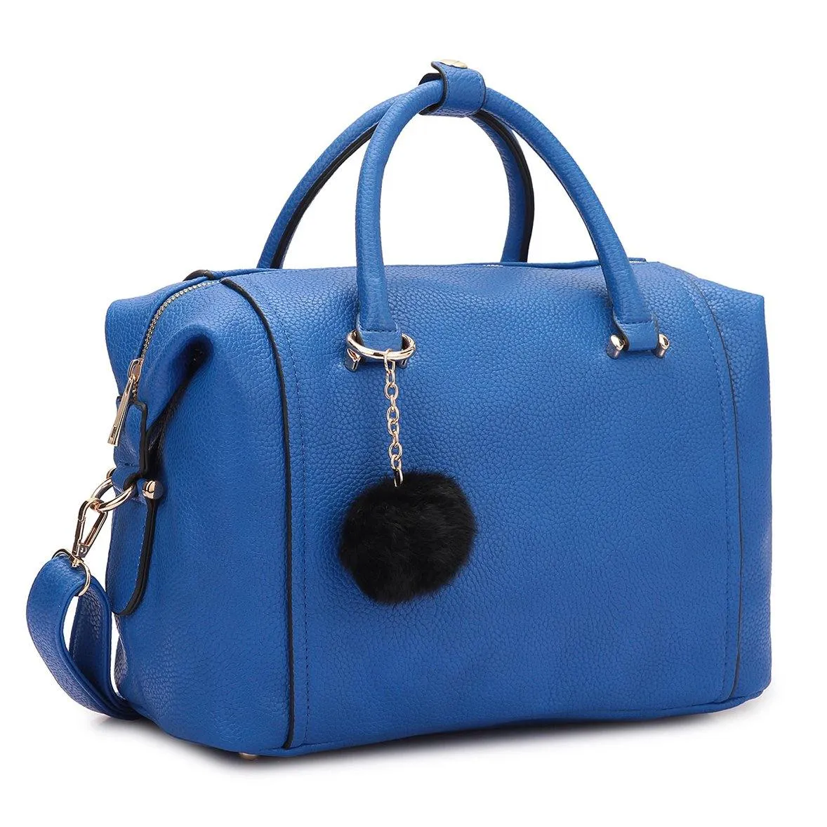 Dasein Faux Leather Satchel with PomPom