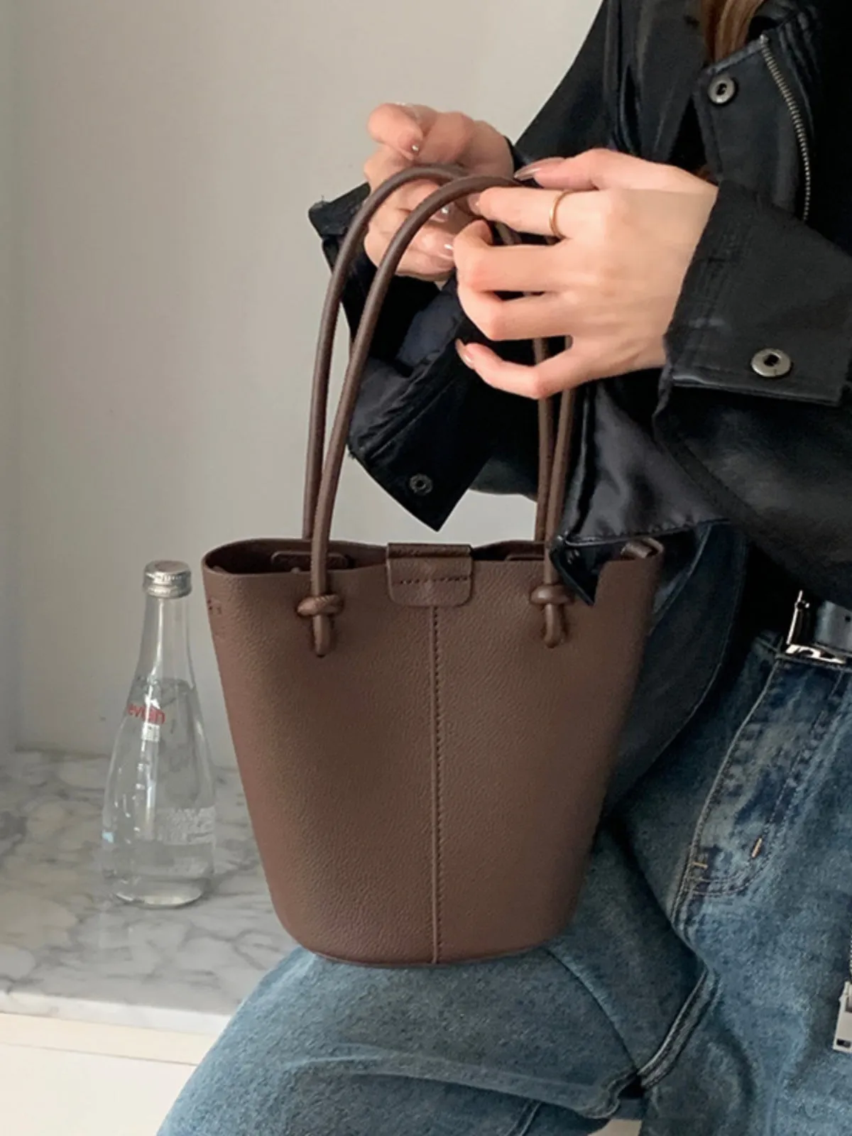 Elena Handbags Chic Leather Bucket Bag