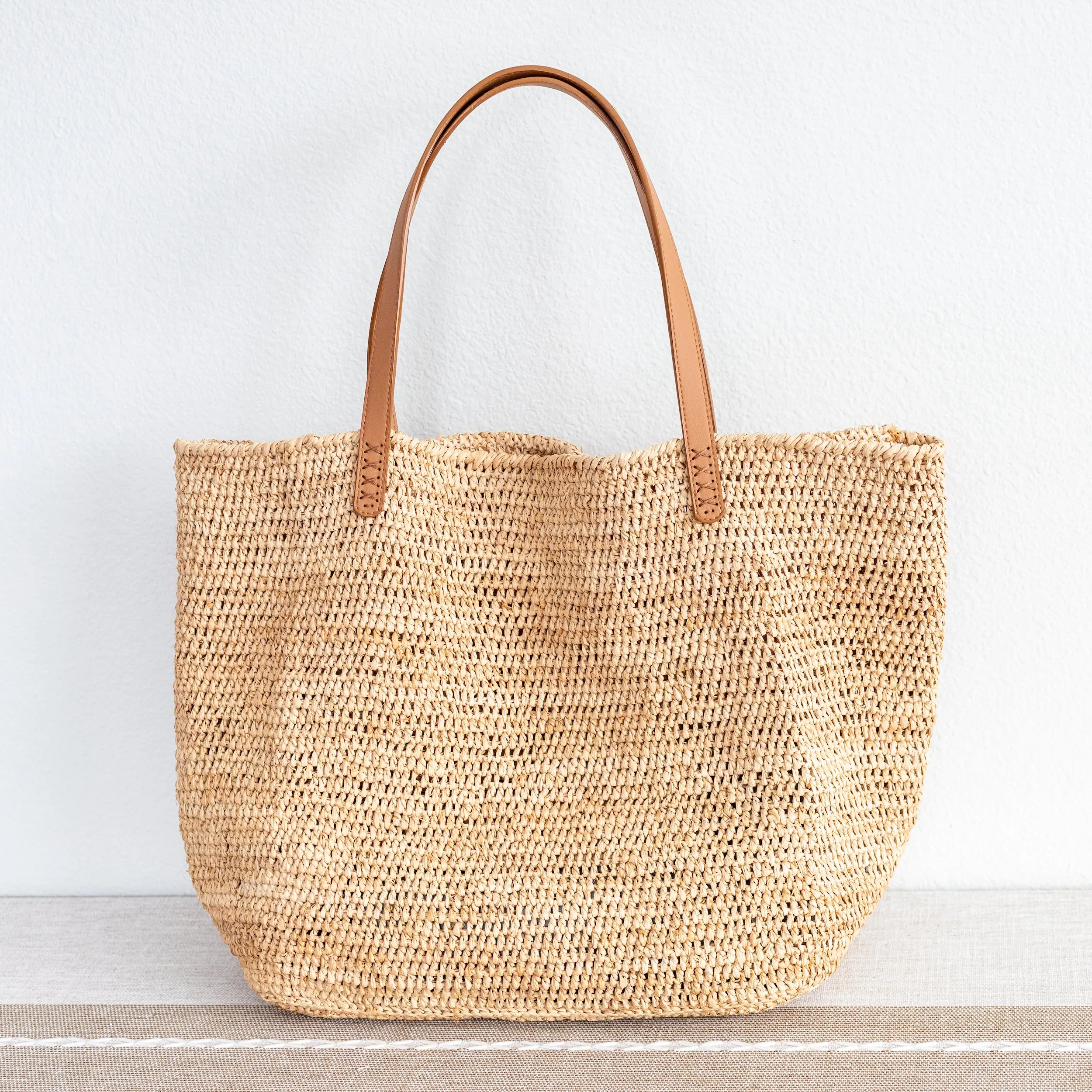 Elena Handbags Women's Large Soft Raffia Woven Summer Straw Tote with Genuine Leather Straps