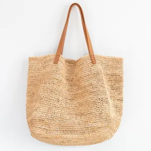 Elena Handbags Women's Large Soft Raffia Woven Summer Straw Tote with Genuine Leather Straps