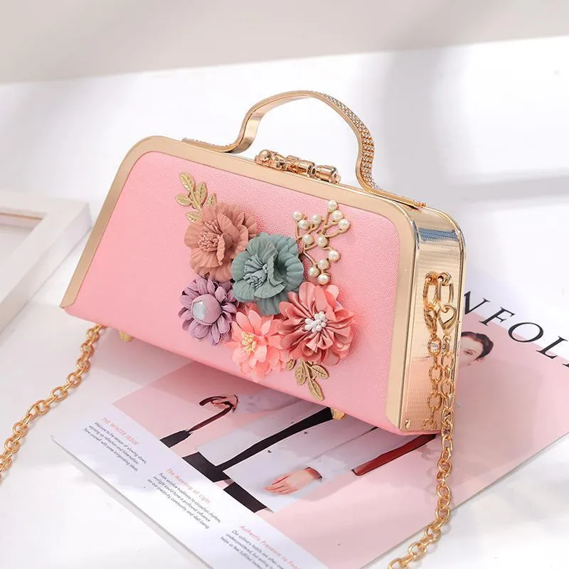 Fashion Women Evening Bag Flower Beaded Small Clutch Evening Bag With Chain Shoulder Handbags Leather Metal Handbag A786