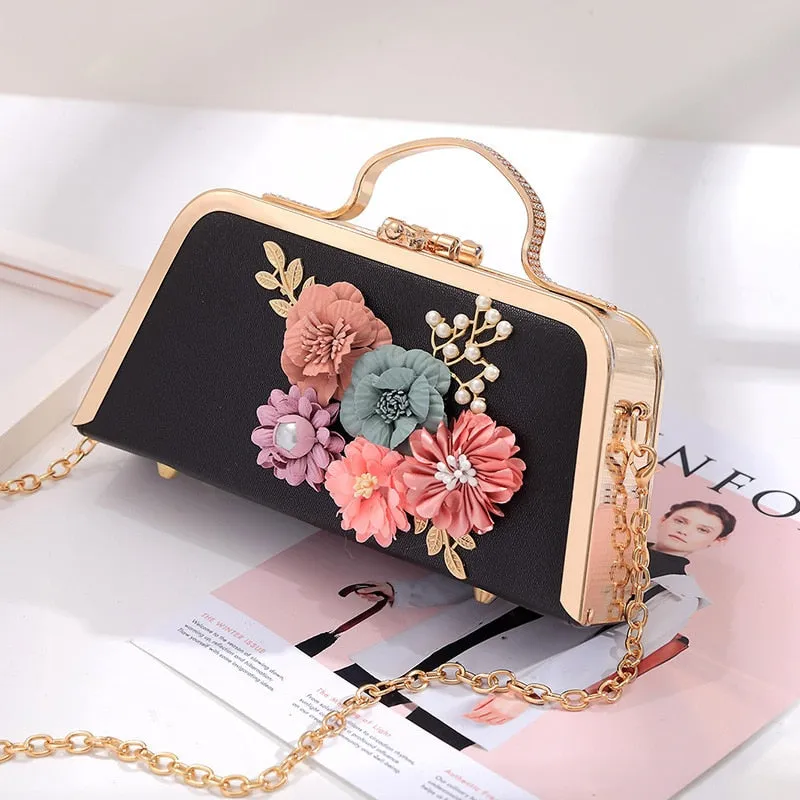 Fashion Women Evening Bag Flower Beaded Small Clutch Evening Bag With Chain Shoulder Handbags Leather Metal Handbag A786