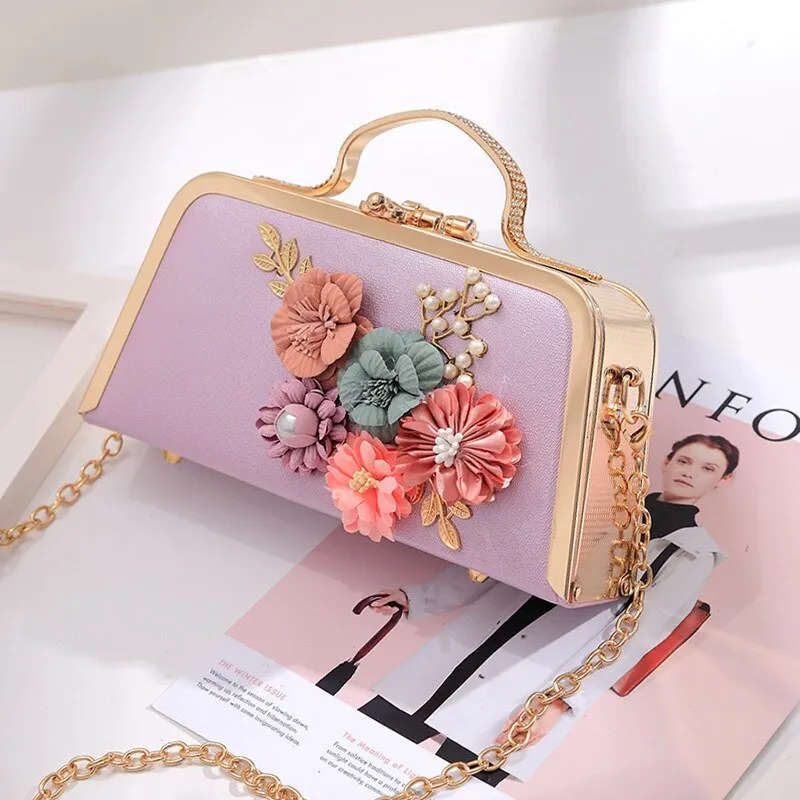 Fashion Women Evening Bag Flower Beaded Small Clutch Evening Bag With Chain Shoulder Handbags Leather Metal Handbag A786