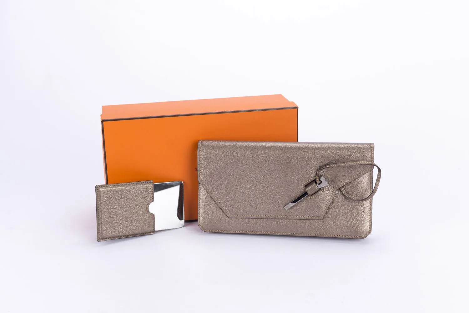 Hermes Clutch Metallic Grey Clutch with Mirror & Box