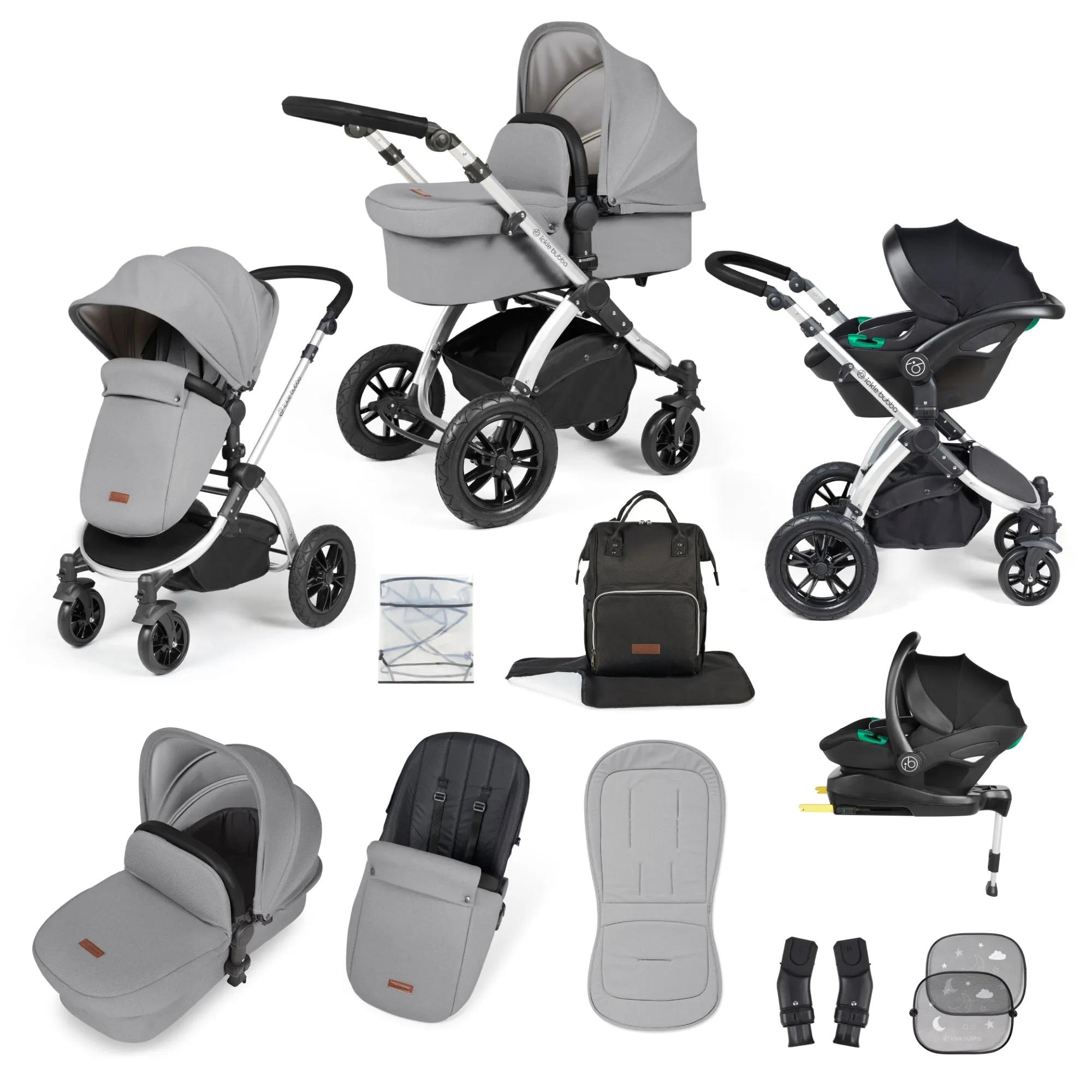 Ickle Bubba Stomp Luxe All-in-One I Size Travel System With Isofix Base (Stratus) Pearl Grey on Silver