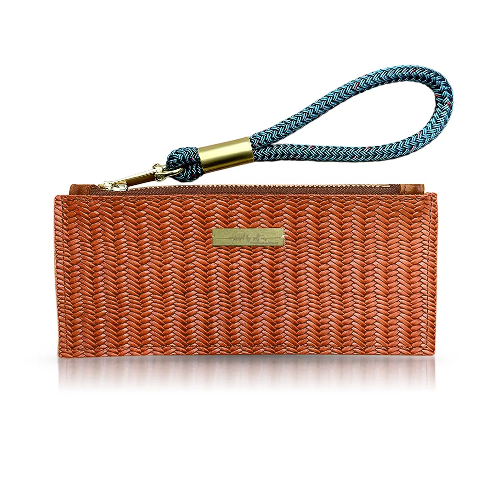 Leather Clutch   Rope Wristlet in Brown Basketweave Leather