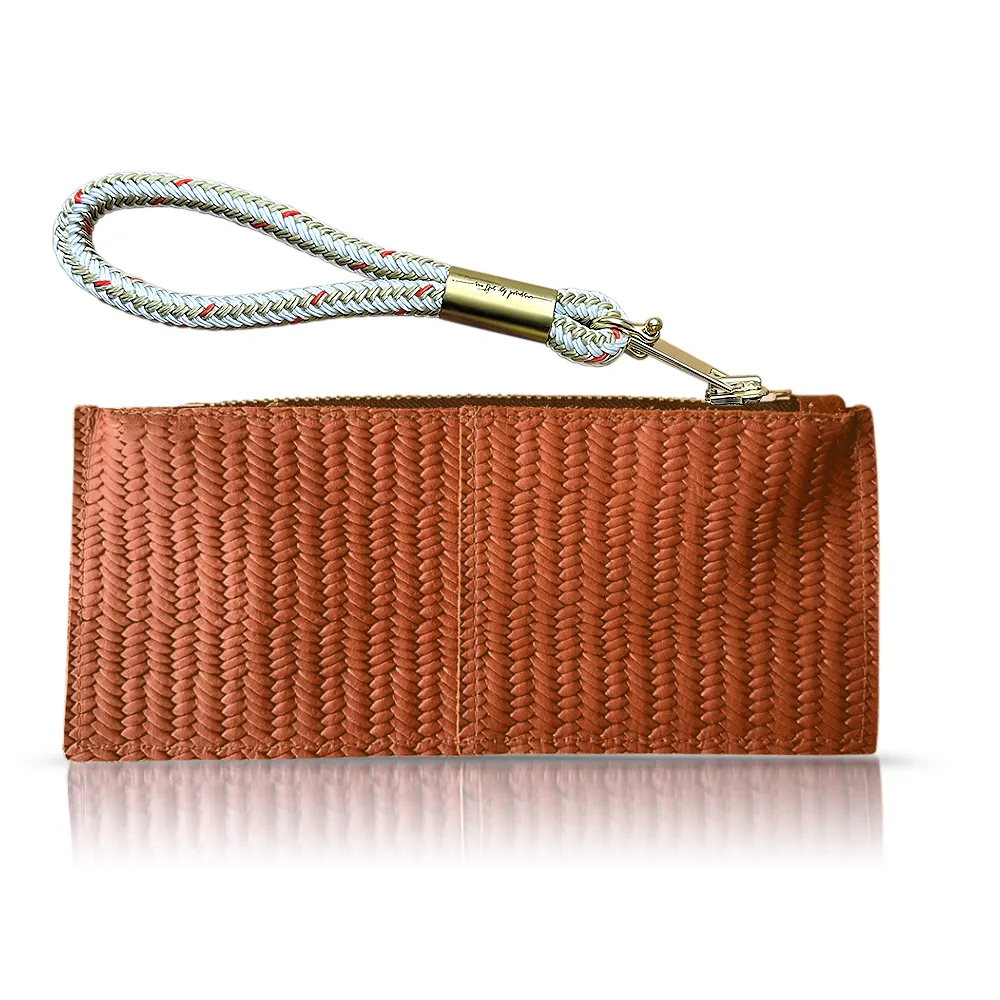 Leather Clutch   Rope Wristlet in Brown Basketweave Leather