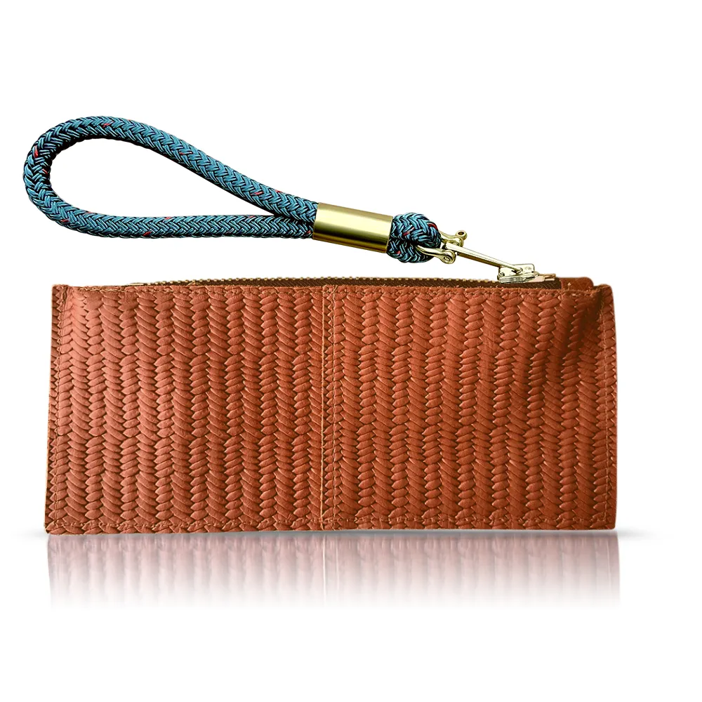 Leather Clutch   Rope Wristlet in Brown Basketweave Leather