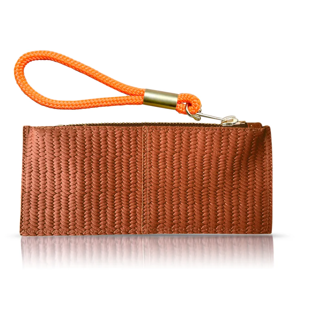 Leather Clutch   Rope Wristlet in Brown Basketweave Leather