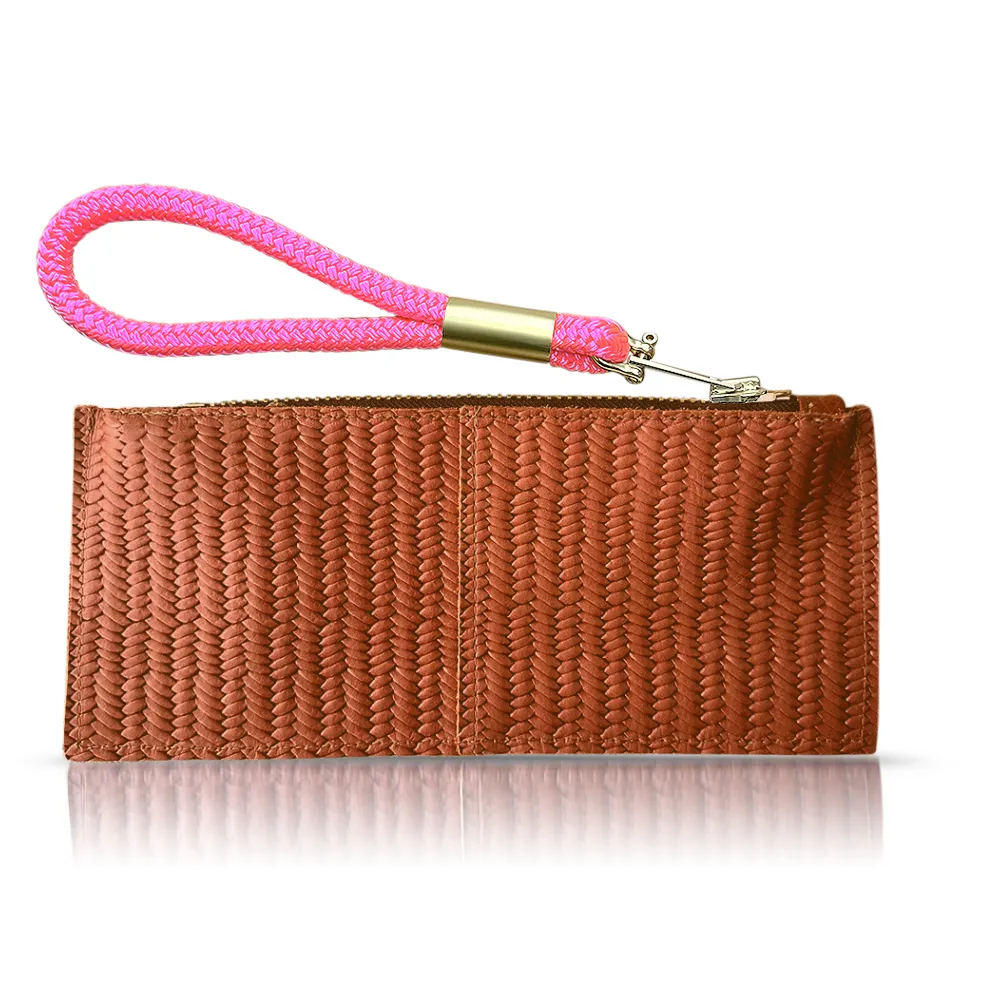 Leather Clutch   Rope Wristlet in Brown Basketweave Leather