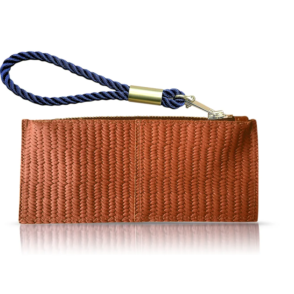 Leather Clutch   Rope Wristlet in Brown Basketweave Leather