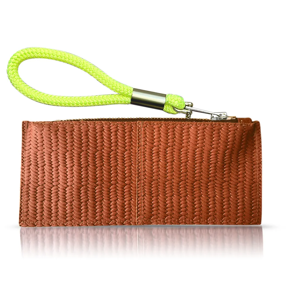 Leather Clutch   Rope Wristlet in Brown Basketweave Leather