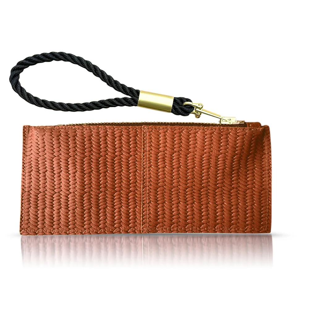 Leather Clutch   Rope Wristlet in Brown Basketweave Leather