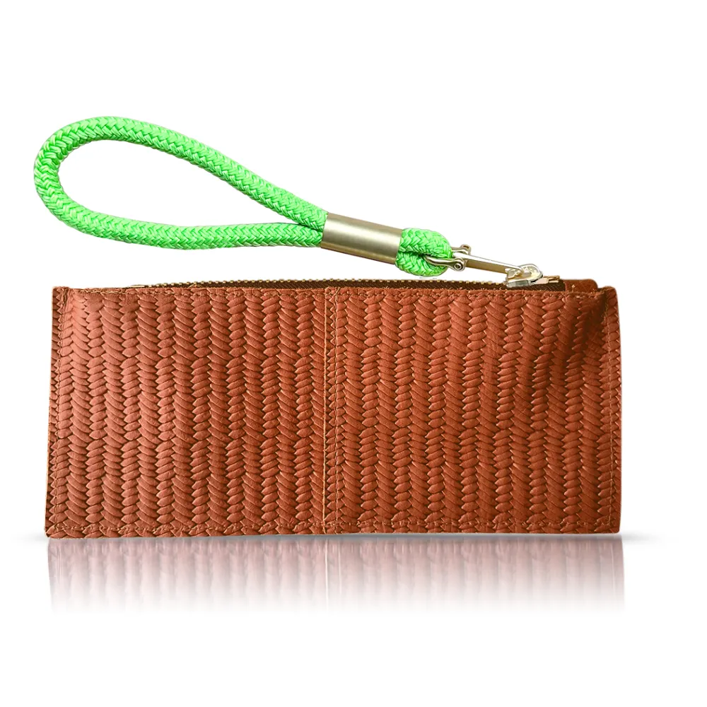 Leather Clutch   Rope Wristlet in Brown Basketweave Leather