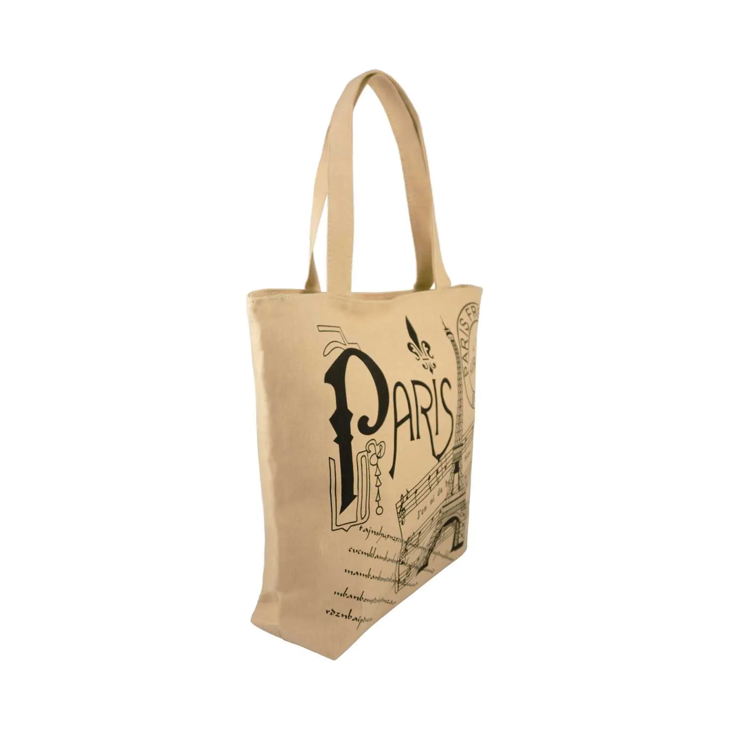 Paris & Music Themed Canvas Tote Bag - Beige