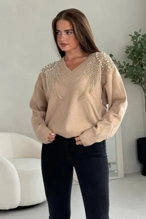 Sia Camel Knit with Pearl & Sequin Wing Detail Jumper