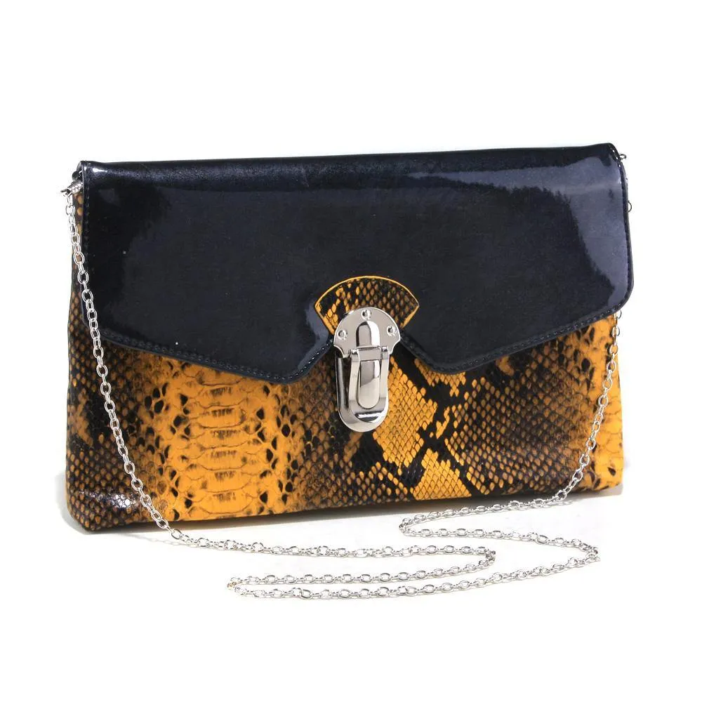 Women's Snakeskin Faux Leather Fashion Clutch with Bonus Chain Strap